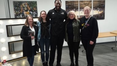 the foodbank team pictured here with Defoe, a member of the Newcastle Eagles basketball team